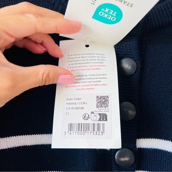 New Sezane Evelyn Dress Navy Ecru Merino Wool Seze Large - Picture 4 of 7